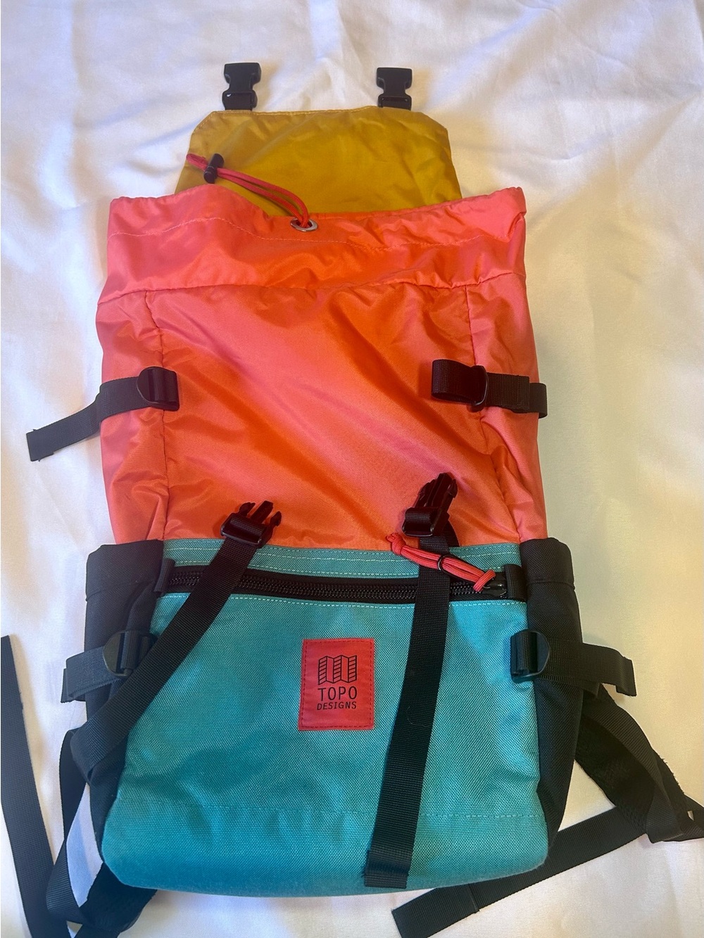 Topo Designs Rover Pack Classic Colorblock Roll-Top BackpackCoral, Teal & Yellow - Picture 5 of 8
